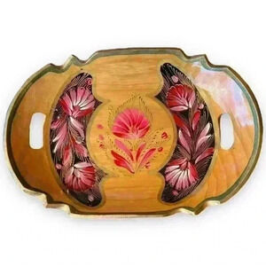 Vintage Mexican hand painted floral wooden tray
